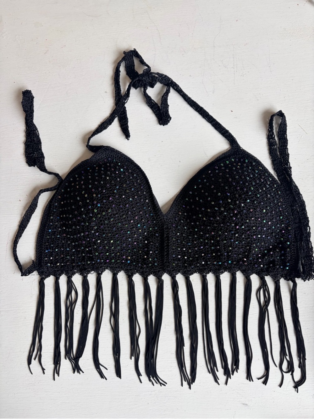 SEDUCTION Black Fringe Crochet Bralette with Rhinestones